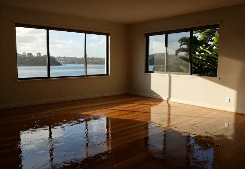 Damaged subfloor with visible moisture and mould in a Tregear home